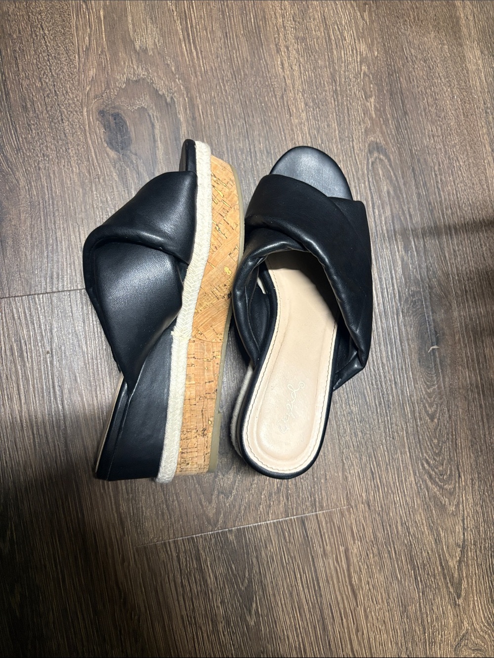 Qupid Black Cork Wedge Slide Sandals